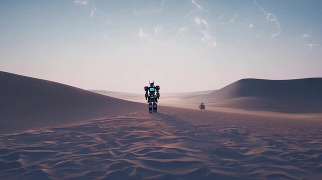 Futuristic Robot Exploring Desert Dunes at Sunrise