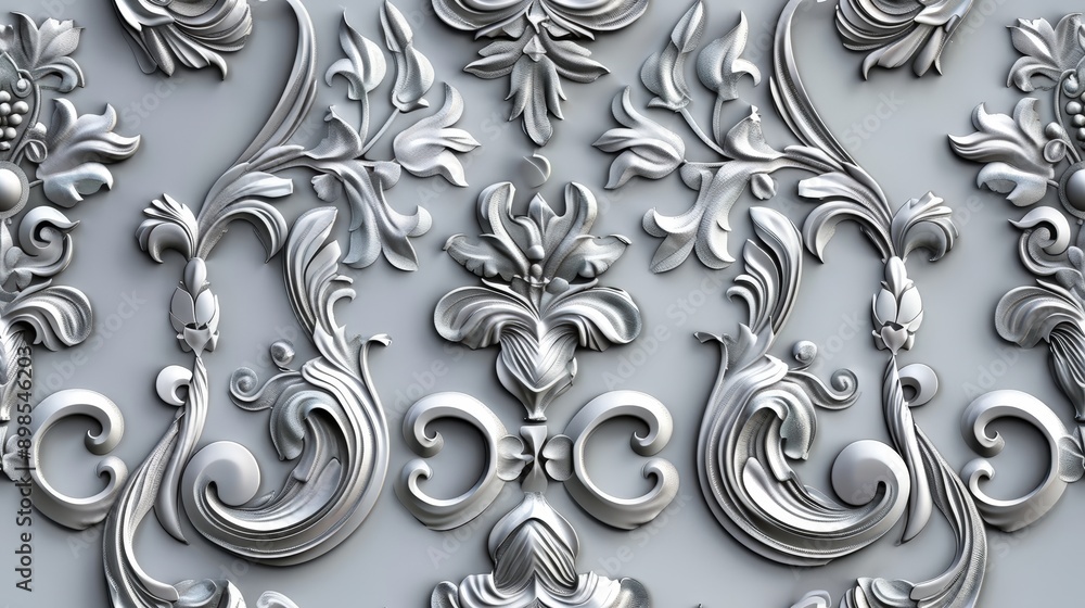 Poster a close-up shot of a silver damask pattern with intricate baroque motifs. the design is embossed and