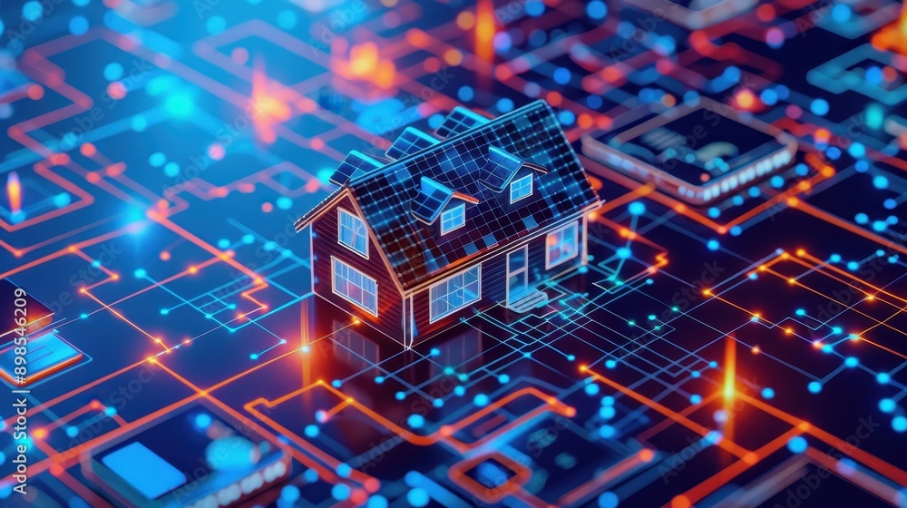 Poster digital smart home concept with a miniature house on a futuristic, illuminated circuit board, repres
