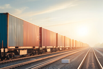 Fototapeta premium Freight train carrying vibrant containers on the railway, transporting goods and products. Railroad shipping, warehouse export, international logistics distribution service. Photo