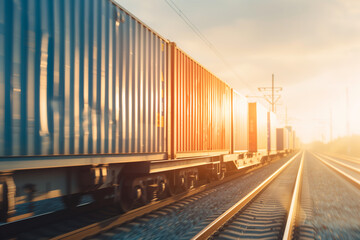Obraz premium Freight train carrying vibrant containers on the railway, transporting goods and products. Railroad shipping, warehouse export, international logistics distribution service. Photo