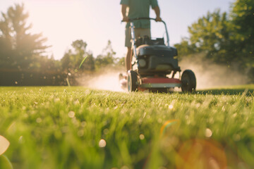 Low angle of a man using a lawnmower to prune hedges and trim grass in his backyard on a sunny summer day. Home maintenance work, gardening hobby, and outdoor leisure activity. Pho