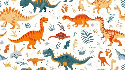 A seamless pattern featuring a variety of dinosaurs in orange, teal, and yellow colors, set against a white background