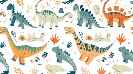 Obraz premium A seamless pattern featuring cartoon dinosaurs in various colors, including orange, blue, and green. They are surrounded by simple illustrations of plants and fossils on a white background