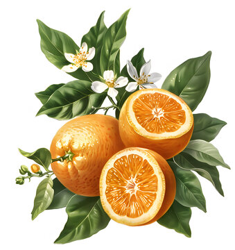 Naklejki A photograph of valencian oranges, whole orange fruits with leaves and orange blossom, orange cut in half, white background, vintage, stamp art style