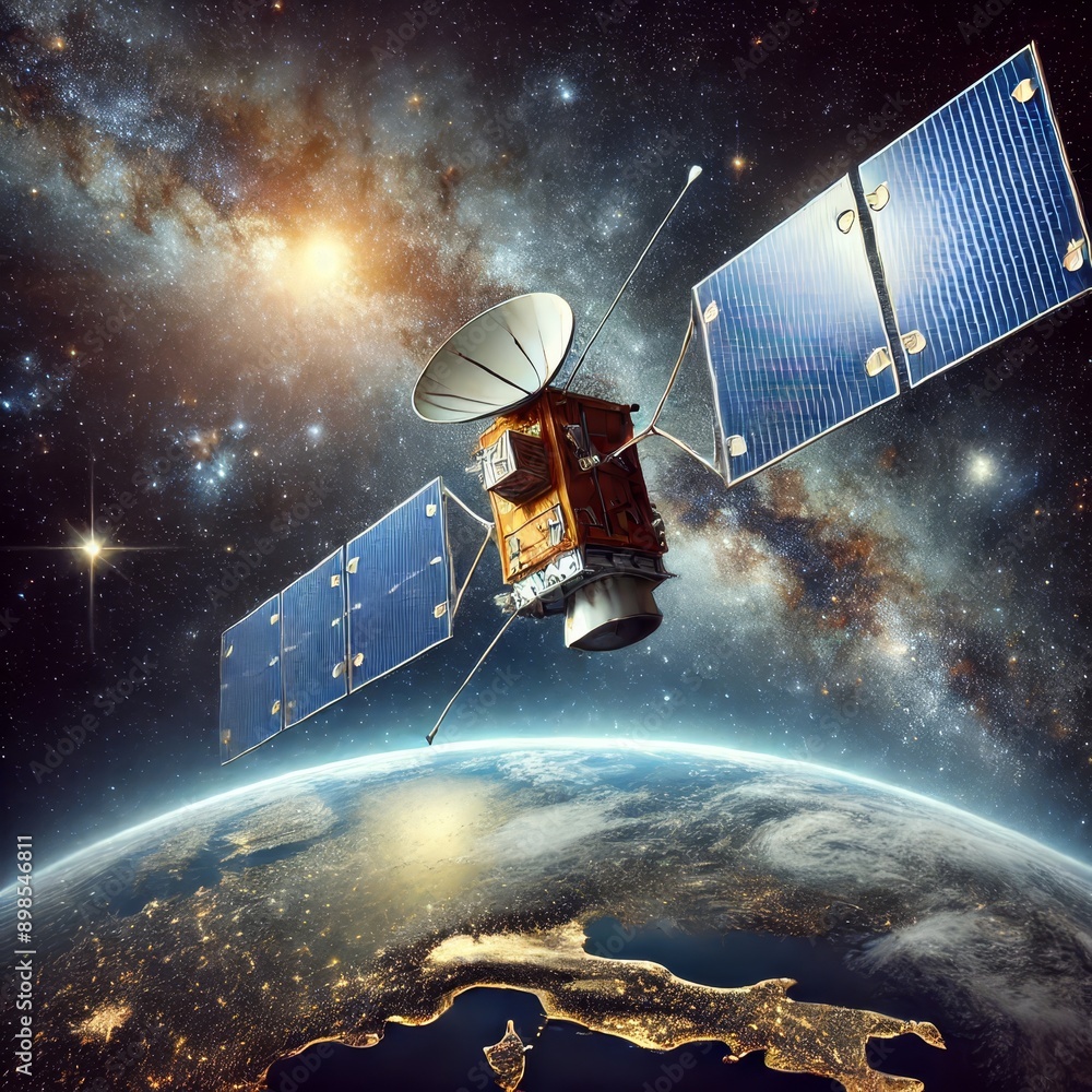Poster detailed 3d animation of a satellite orbiting earth with a view of the galaxy in the background