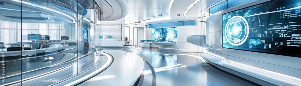 Poster futuristic office space with modern technology and sleek design, featuring large digital display and