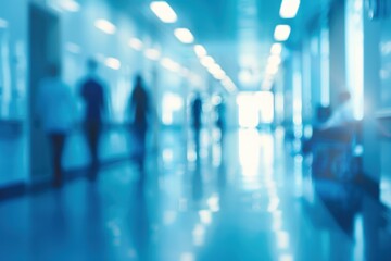 Blurred background of a hospital corridor with blurred people walking and medical equipment in a blue color tone Generative AI