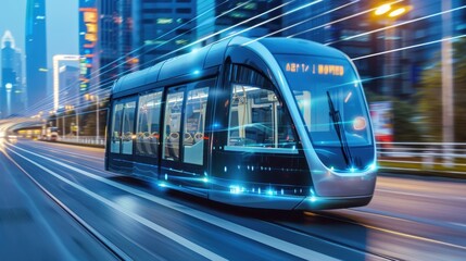 Futuristic tram on a busy urban track with light trails, showcasing modern transportation in a vibrant city environment.