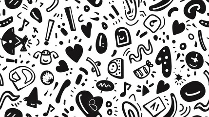A repeating pattern of playful doodles in black and white. The design features hearts, music notes, geometric shapes, and whimsical characters