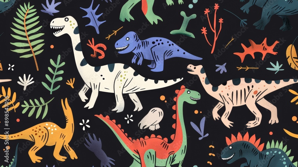 Aufkleber a black background with a repeating pattern of colorful dinosaurs and foliage