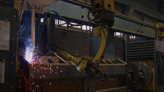 No people shot of yellow autonomous welding machine arm continuously welding part of machinery at tractor factory, computer-aided process