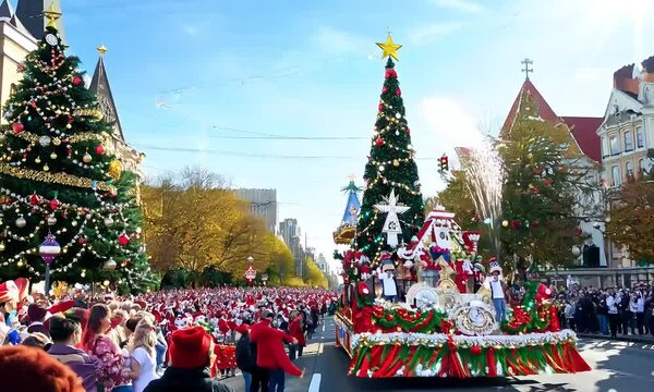 Christmas Parade Cheer: A vibrant Christmas parade fills the streets with festive cheer, showcasing a magnificent float adorned with twinkling lights and a towering Christmas tree. 
