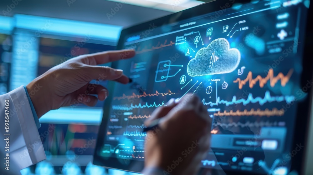 Poster medical professional analyzing patient data on a digital tablet with cloud computing technology and 