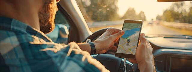 close-up of a man driving a navigator in a phone. Selective focus