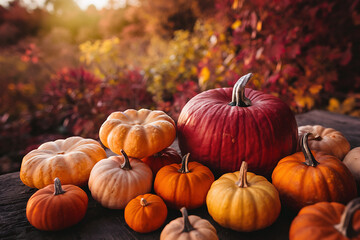 Fall season.  Colorful pumpkins on wooden table. Selective focus. 