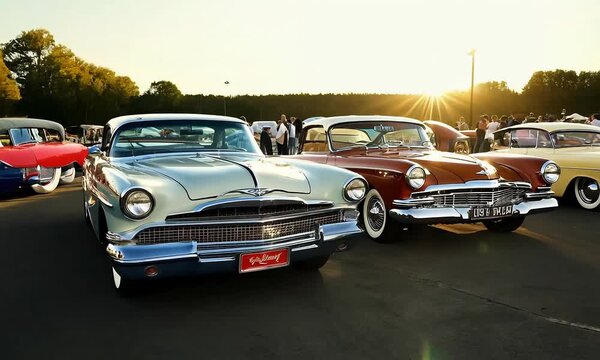 Classic Car Collection at Sunset: A gleaming vintage car takes center stage, bathed in the golden glow of a setting sun, surrounded by other classic vehicles and onlookers.