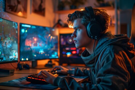 Digital Dreams Teenage Gamer Engrossed in Video Game on Sleek Gaming Setup under Nighttime Glow