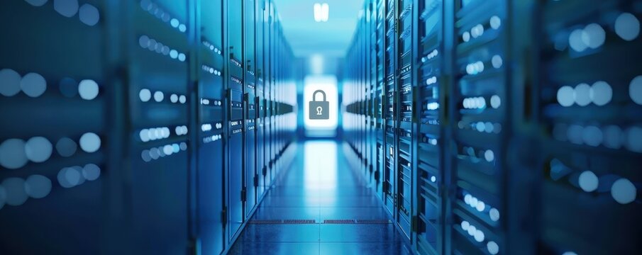 Secure server room with racks of servers and a padlock icon, representing data security and protection in a modern data center.