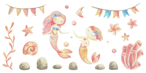 Mermaids is a little girls and boys with fish, seashell, corals, algae, starfish. Watercolor illustration hand drawn pastel colors coral and blue. Large set of elements isolated from background.