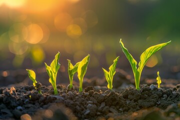 Green young plants in a row on soil, concept of growth and development