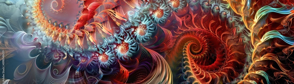 Poster vibrant abstract fractal art with intricate swirling designs, rich colors, and complex patterns crea