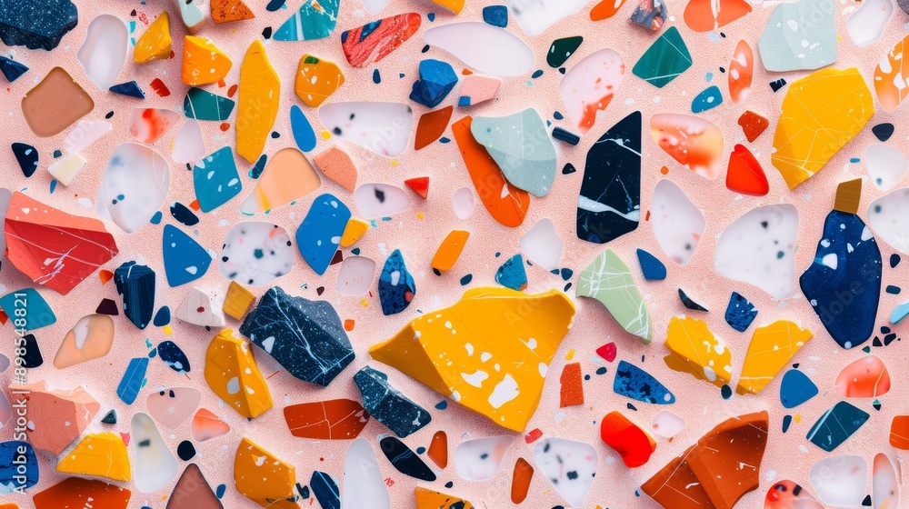 Poster a close-up shot of a colorful terrazzo surface. the pink background is speckled with irregular shape
