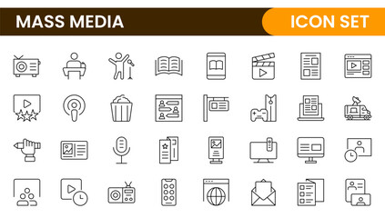 Mass media outline vector icons large set isolated on white background. media business concept. Media outline icons set.
