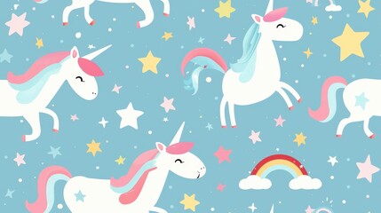 Obraz premium A whimsical pattern featuring white unicorns with pink and blue manes and tails, stars in various colors, a rainbow, and clouds on a light blue background