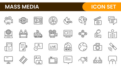 Mass media outline vector icons large set isolated on white background. media business concept. Media outline icons set.