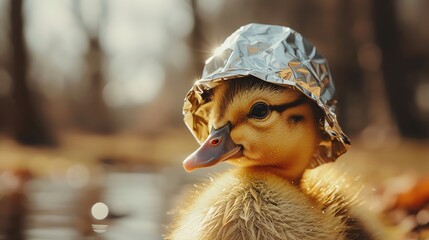 A duckling wearing a tinfoil hat is standing in a field. The duckling looks both confused and concerned.