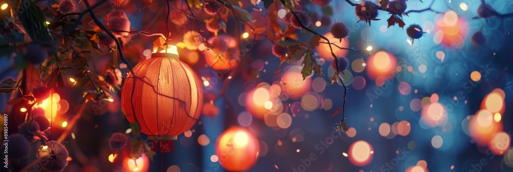 Poster a captivating image of lanterns hanging from tree branches, illuminated by warm, soft lights. the bo
