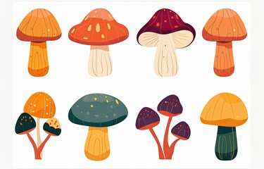 Eight colorful mushrooms in different shapes and sizes on a white background