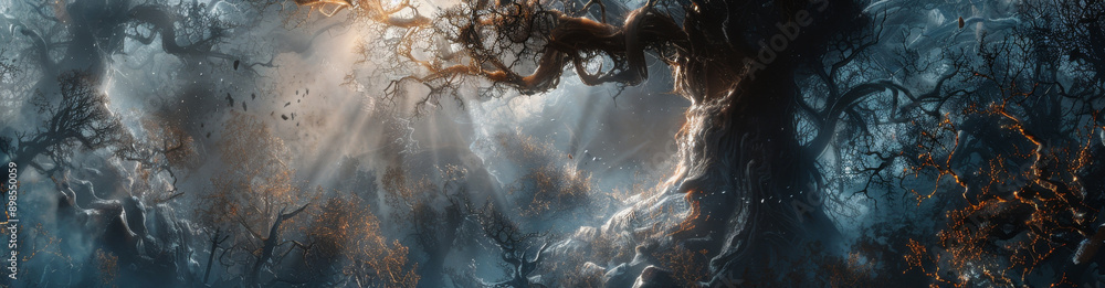 Poster a magical forest scene with sunlight illuminating twisted branches, creating an ethereal atmosphere.