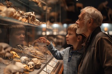 A grandfather and grandson explore an exhibit of animal skulls and fossils in a museum, engaging in an enlightening educational experience.
