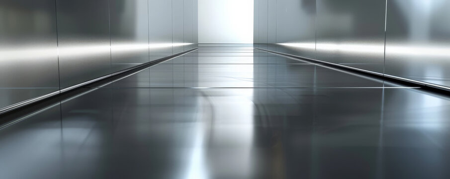 A high-gloss metal background with a sleek, reflective surface and a modern, industrial feel.