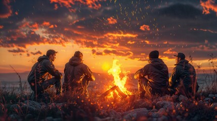 Friends Gather Around Sunset Bonfire