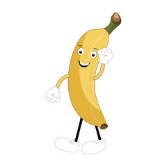 Banana mascot cartoon character, fruit cartoon character emoticon Cartoon happy banana mascot character waving hand. Mood booster fruit illustration of walking banana
