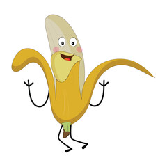 Banana mascot cartoon character, fruit cartoon character emoticon Cartoon happy banana mascot character waving hand. Mood booster fruit illustration of walking banana