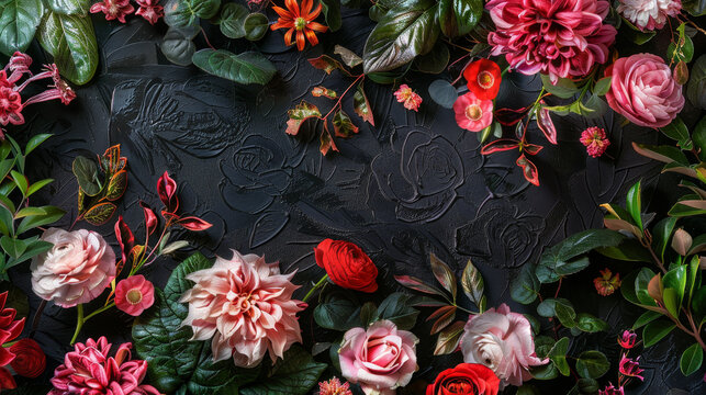 A vibrant and intricate floral arrangement on a dark background. The image features various types of flowers, including roses, dahlias, and peonies, showcasing their intricate details and delicate bea