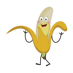 Banana mascot cartoon character, fruit cartoon character emoticon Cartoon happy banana mascot character waving hand. Mood booster fruit illustration of walking banana