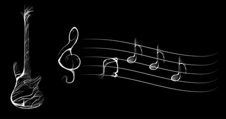 Composition of musical instrument guitar and notes from wavy lines along white contour on black background. Vector illustration.