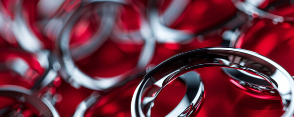 Silver rings floating in front of a crimson background, creating a striking and bold appearance.