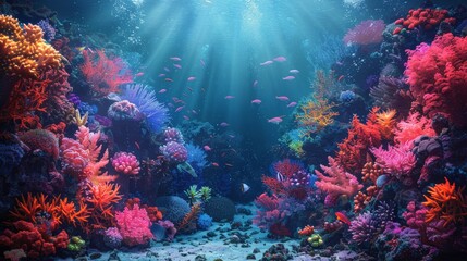 Obraz premium Sunbeams Illuminating Coral Reef Underwater