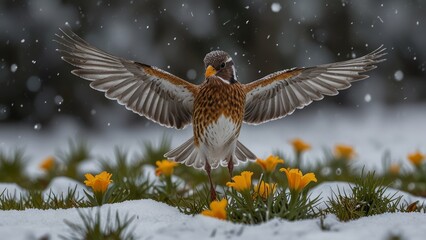 Obraz premium Bird Spreading Wings in Snowy Flower Field