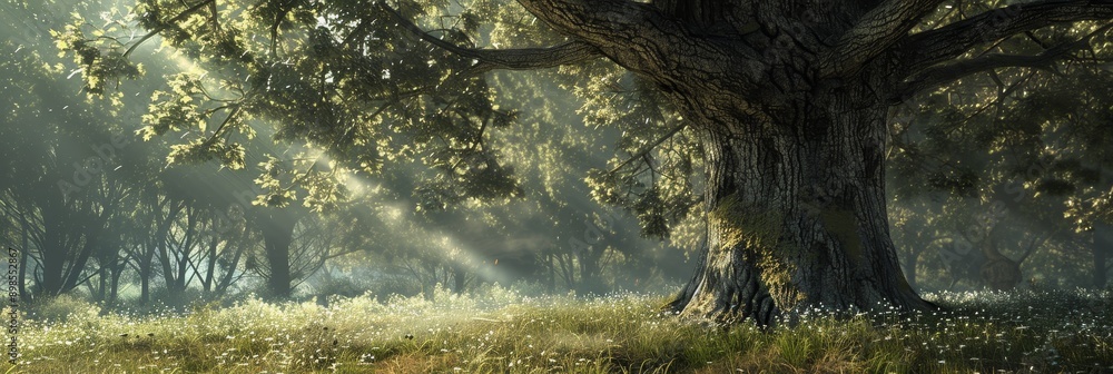Poster a towering oak tree stands tall in a sunlit forest, its branches reaching towards the sky. sunlight 