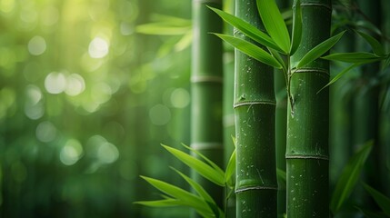 Thriving green bamboo forest reaching towards the sky, basking in warm sunlight, creating a serene and tranquil environment perfect for finding peace and harmony