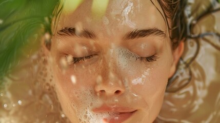 Fototapeta premium beautiful woman taking a bath in a nature style bathroom, glamping or ecological hotel