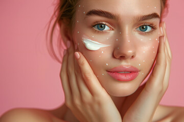 Fototapeta premium Woman Applying Skincare Cream Showcasing Beauty Routine and Healthy Glowing Skin