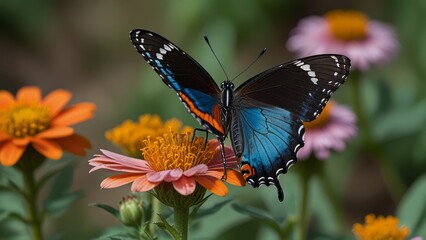 Vibrant Butterfly on Colorful Flowers